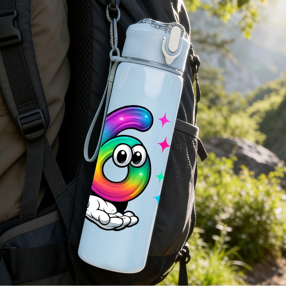 1PC Rainbow Number Six Seven Letter 750ml Color Plastic Sports Water Bottle Leakproof Flip Straw Lid Suitable for Sports Office Home Use