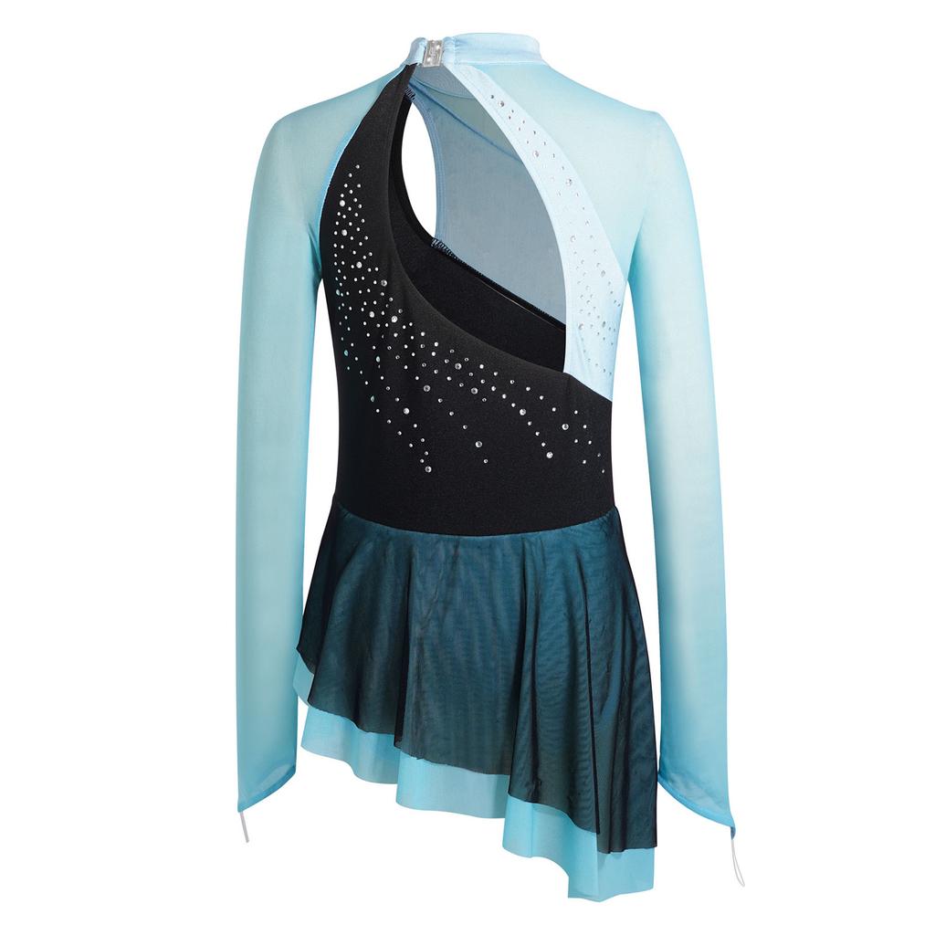 Girls Figure Skating Costume Mesh Long Sleeves Cutout Back Rhinestones Color Block Ruffled Dress Built-in Briefs