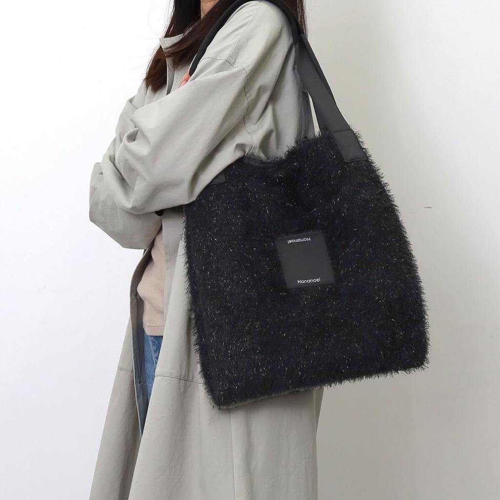 Nananoel Nillie Glitter Shaggy Hair Tote BagA4 Size Compatible 2553311021 Black (210)