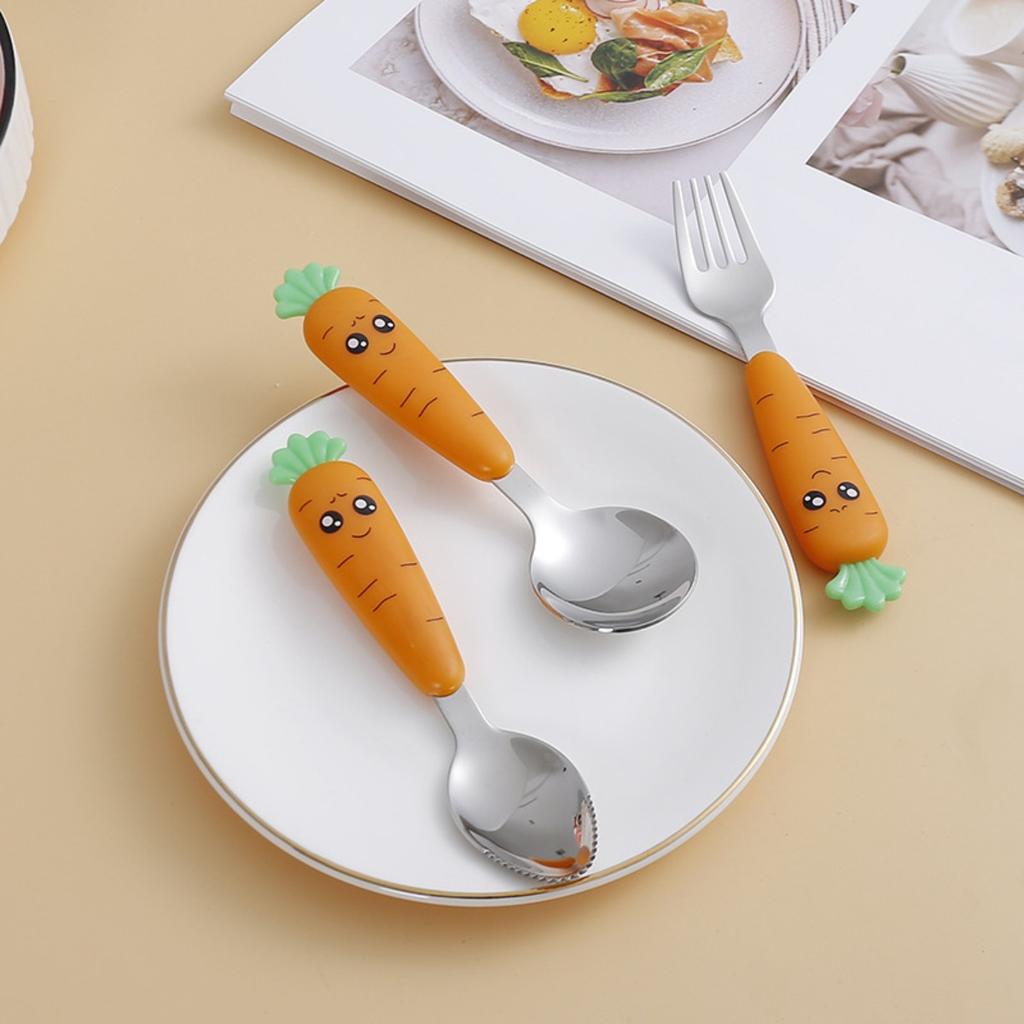 3-piece Creative Cartoon Carrot Tableware Set Stainless Steel Children's Fruit Food Supplement Fork Spoon Short Handle Tableware