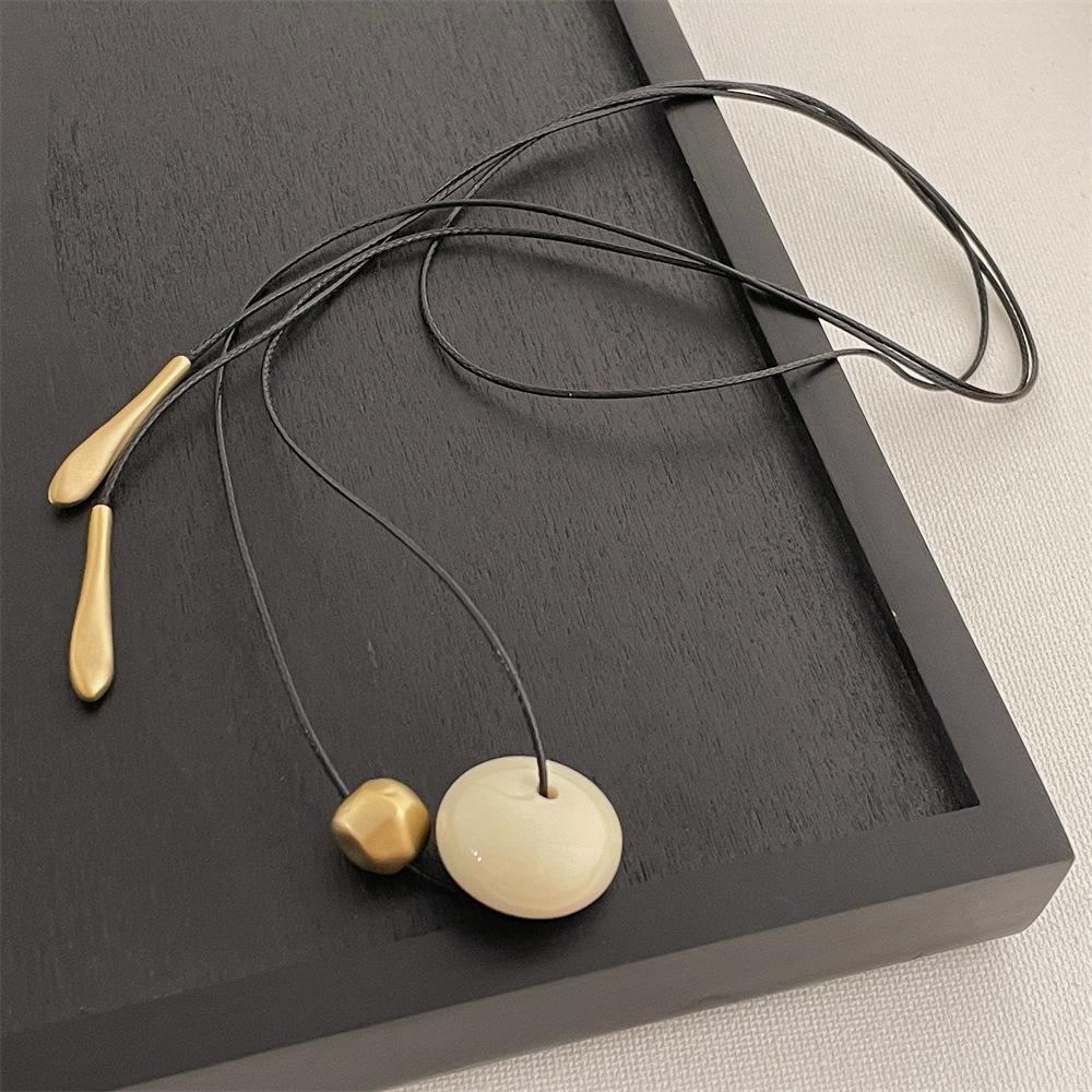 Retro Metal Resin Ball Pendant Necklace For Women Long Adjustable Black Rope Sweater Chain Choker Jewelry