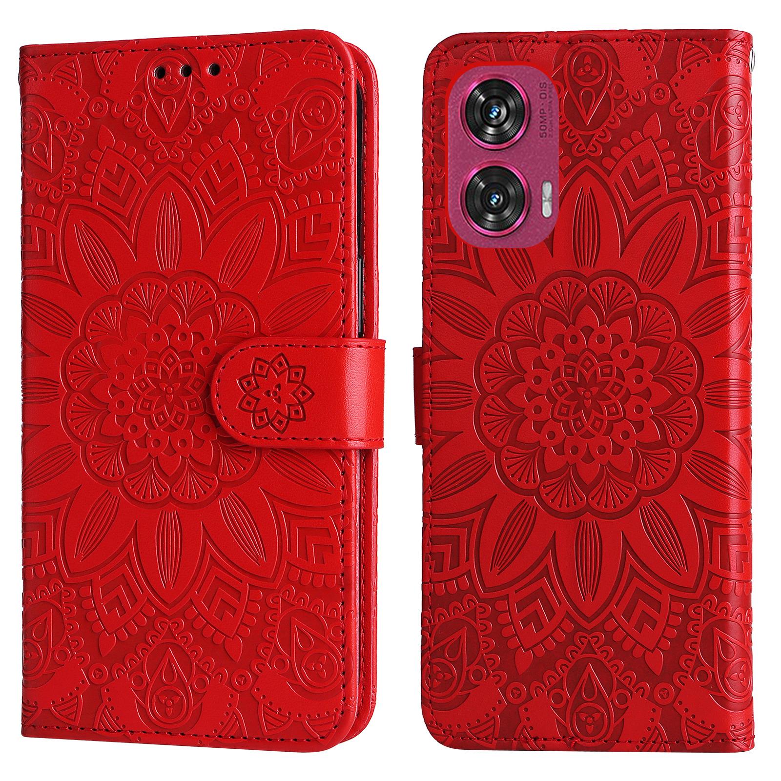 

Чехол-кошелек из кожи с тиснением подсолнуха для Motorola Edge 50 Fusion 5G Red