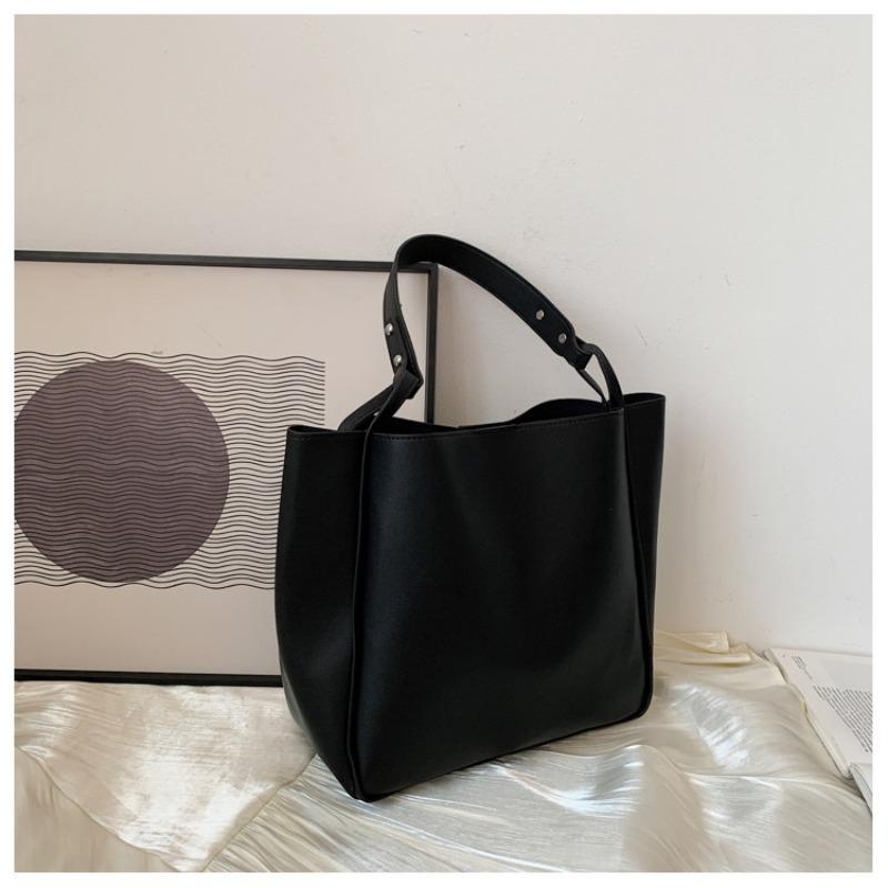 

Simple Women Fashion Bucket Shoulder Bags Solid Color Handbags Retro Large Capacity Tote Bags High Quality Pu Leather Bags Purse чёрный