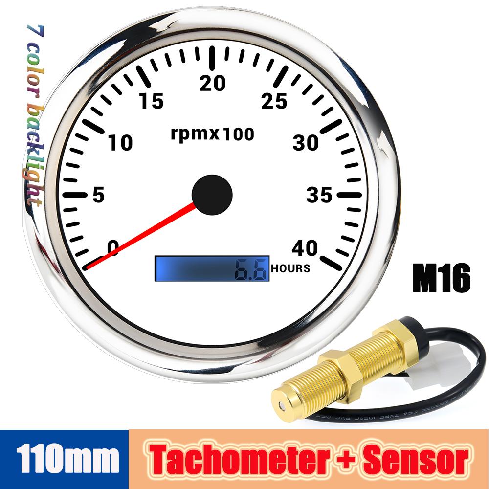 0~4000rpm Meter Car Tachometer Outboard Motor Tacho Gauge with M16/M18 Tach Sensor 1/8NPT 7 Colors Back LED Digital Speedometer