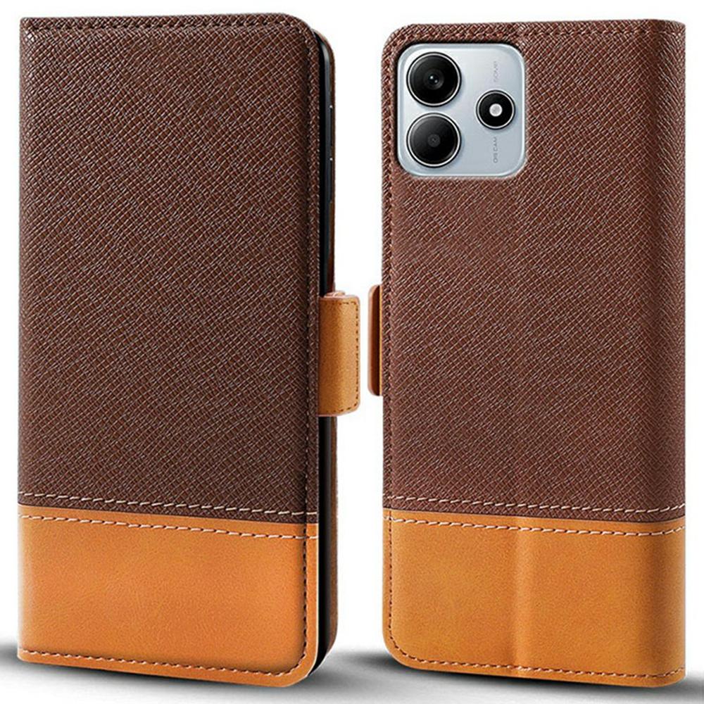 

For Xiaomi Redmi Note 14 5G Case Color Splicing PU Leather Wallet Phone Cover Brown