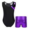 Girls Dance Leotard Sleeveless Patchwork Print Metallic High Waist Shorts Gymnastics Performance Outfit