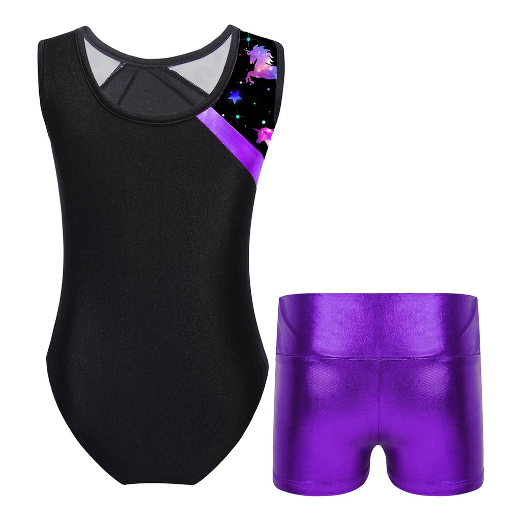 Girls Dance Leotard Sleeveless Patchwork Print Metallic High Waist Shorts Gymnastics Performance Outfit