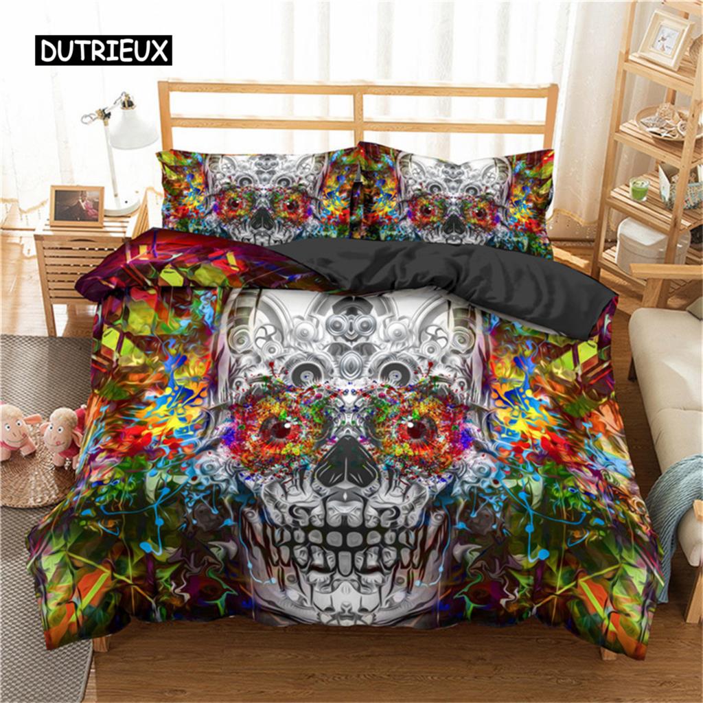 Sugar Skull King Queen Duvet Cover Cartoon Skeleton Blue Car Bedding Set for Teens Adults Halloween Day of The Dead Quilt Cover