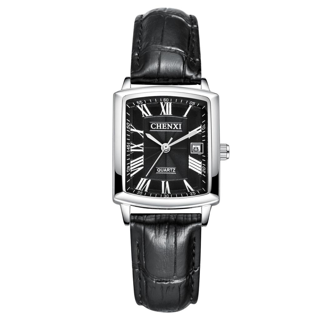 Square wristwatch for women with leather Couple watch with Roman analog waterproof popular black for women strap numerals, date, quartz, wristwatch,