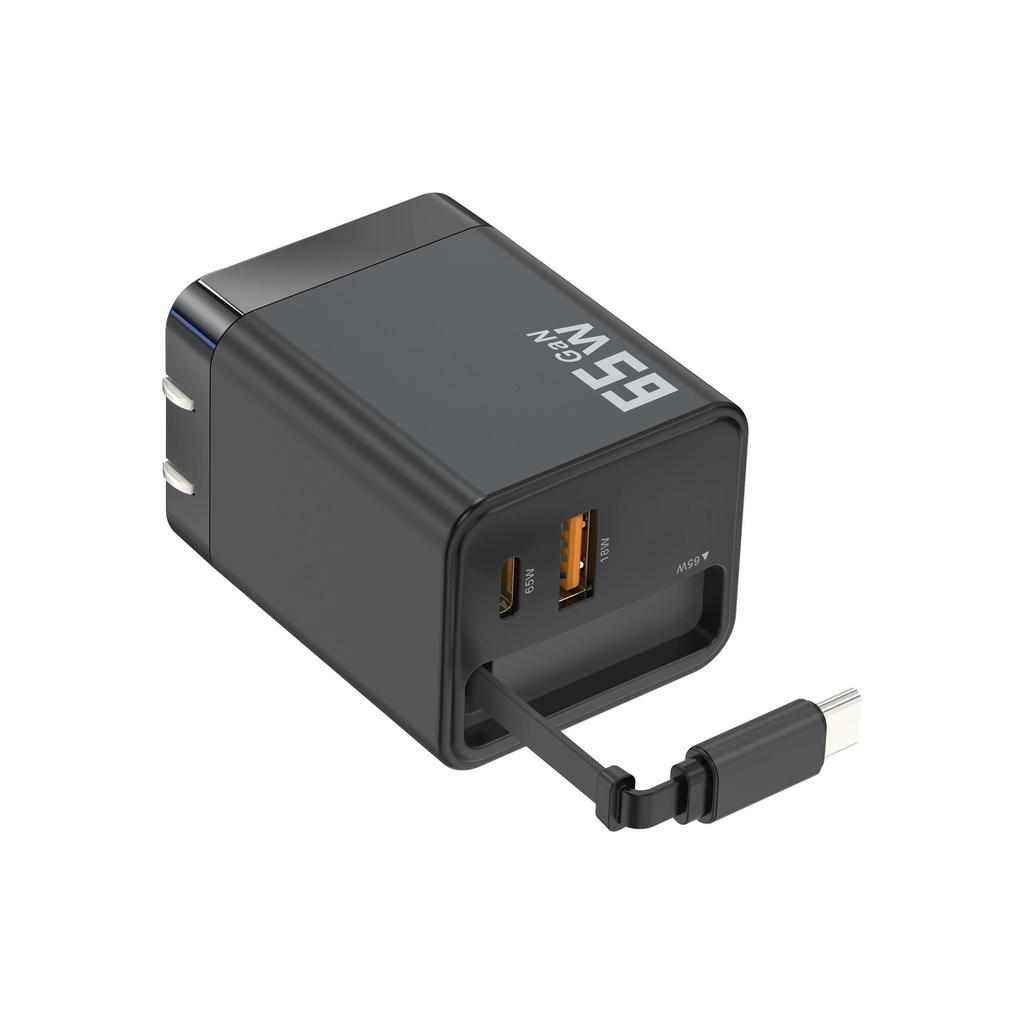 65W GaN Wall Travel Charger Adapter Mini EU Pin Plug Retractable Cable OTP Compatible PD 3.0 QC3.0 for Macbook Mobile Phone
