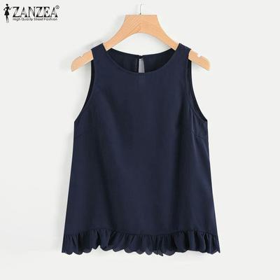 Women Summer Round Neck Sleeveless Wave Lace Hem Tanks