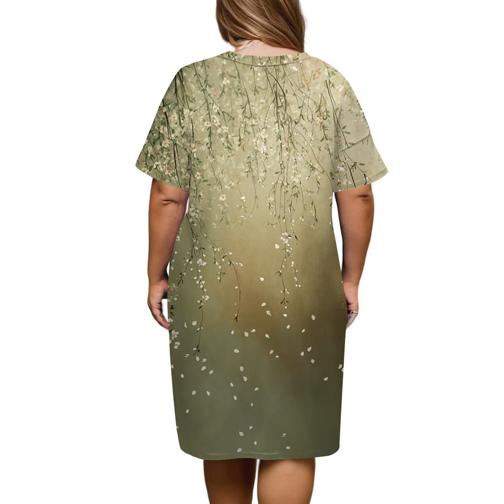 Summer Plus Size V Neck Short Sleeve Knee Pocket  Print Casual Dress For Women