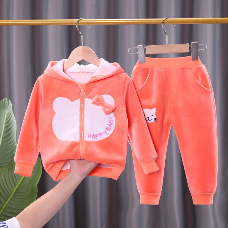 

Children s Fleece Long Sleeved Set Winterplush and Warm Sports Set Baby Cute Cat Bow Printed Hoodie Casual Two-piece Set 73 оранжевый