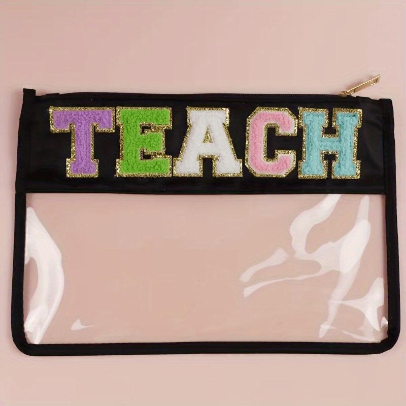 

1pc Black Waterproof Transparent PVC Zipper Toiletry Makeup Pouch Personalized Embroidery Chenille Letter Patches Teach Letter Cosmetic Bag Pencil one-size чёрный