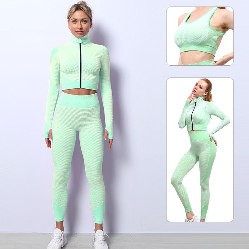 Costum de yoga din tricot fără cusături pentru femei: Set de toamnă/iarnă din 3 piese cu ridicare de șold pentru fitness și alergare