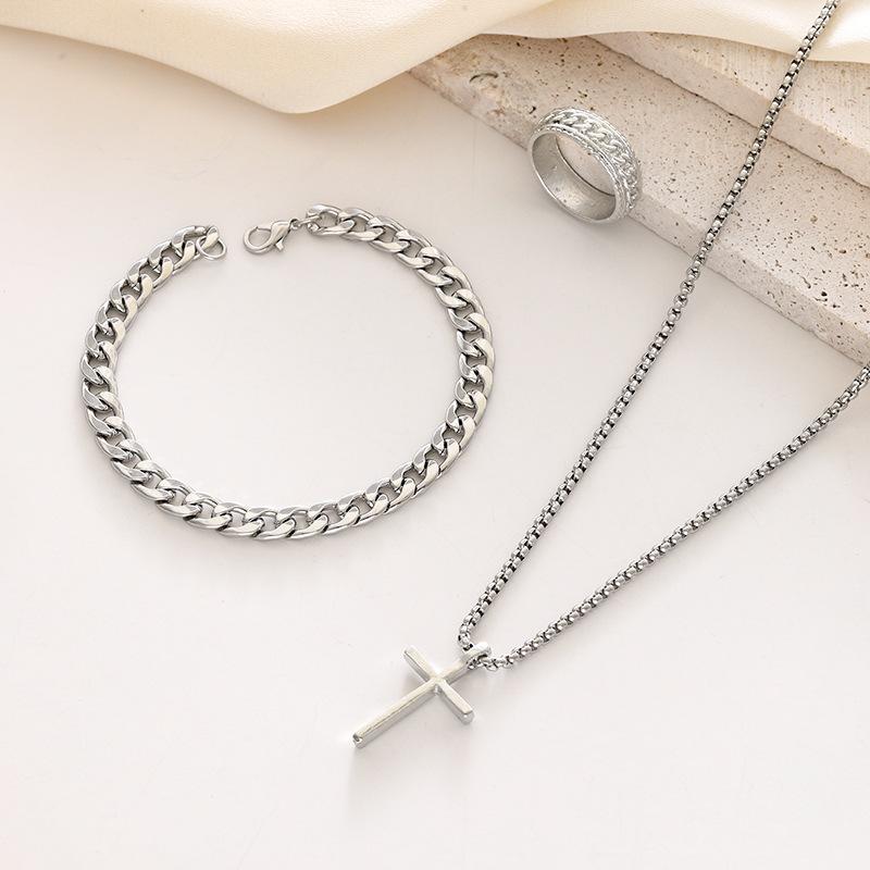 3Pcs Set Men'S Stainless Steel Metal Cross Pendant Chain Necklace Bracelet Ring Jewelry Set Male Hip Hop Daily Wear Accessories
