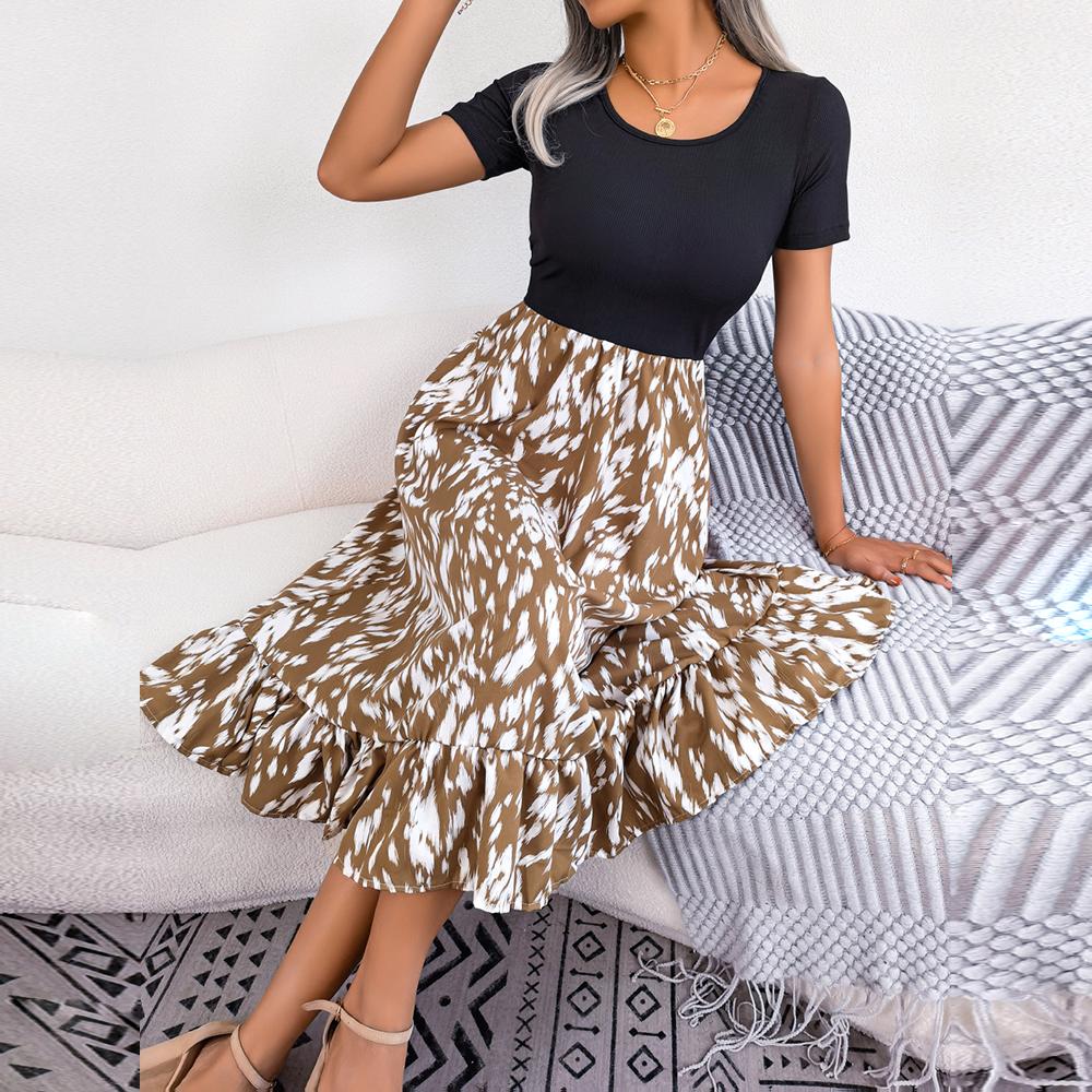 

Summer Women s Leopard Leaf Print High Waist Pleated Long Dress Short Sleeve O Neck Spring XL