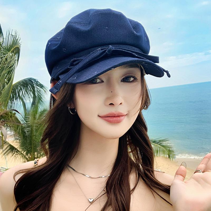 

Милая шляпа с бантом Женская весенняя нишевая кепка Летняя винтажная ковбойская кепка газетчика average size