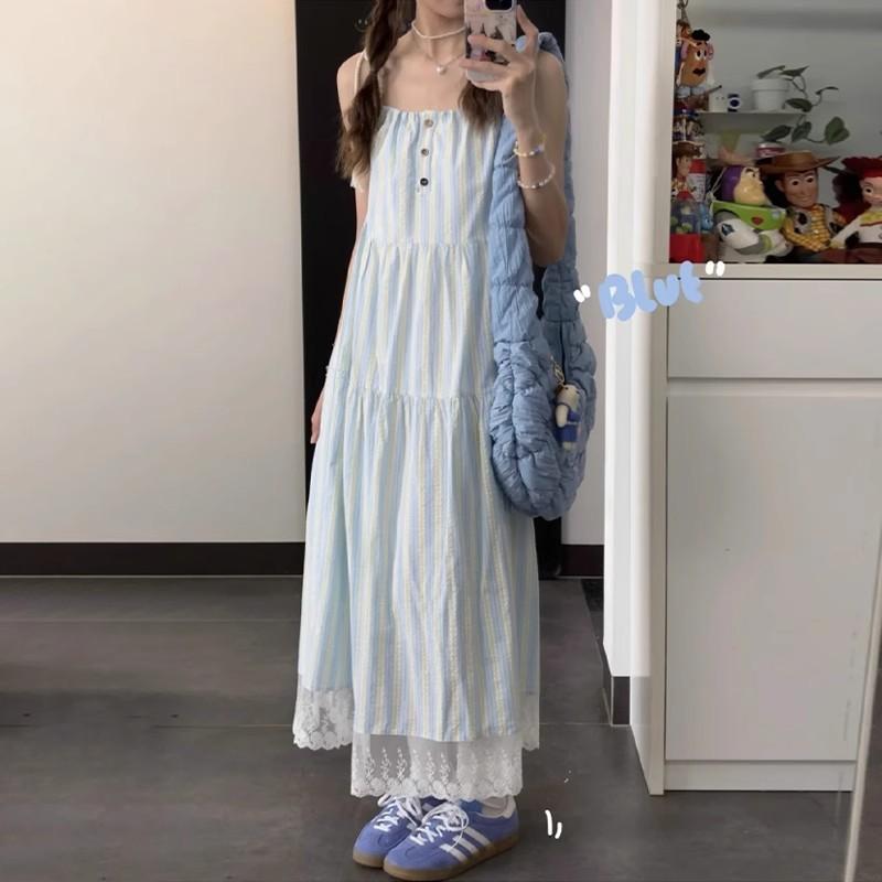 French first love blue suspender dress women's summer new Japanese literary and artistic lazy style long dress slack