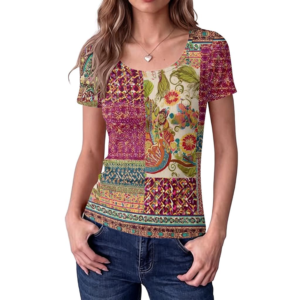 Women's Slim Fit Square Neck Short Sleeve Top Vintage Floral Print Patchwork Design Casual Blouse
