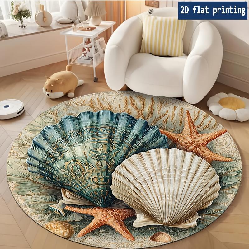 Coastal Nautical Round Rug Sea Shell Pearl Area Mat Vintage Golden Starfish Pattern Nordic Couch Bedside Decor Carpet