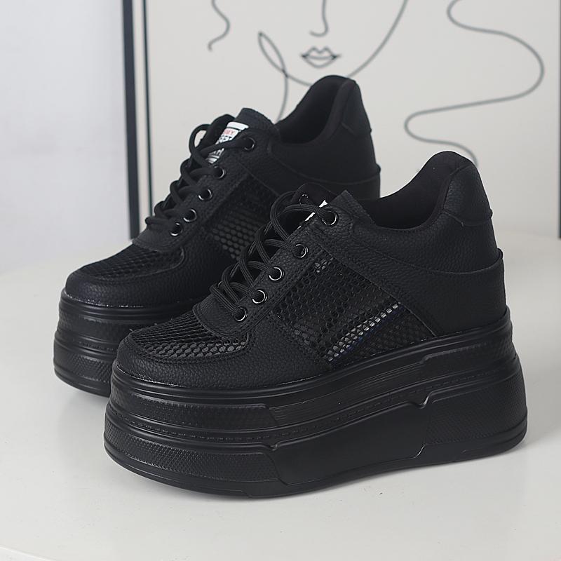 Fashion 12CM Genuine Leather Platform Sneakers Wedge Shoes for Women Breathable Sneakers Casual Shoes Hidden Heel Zapatillas Mujer