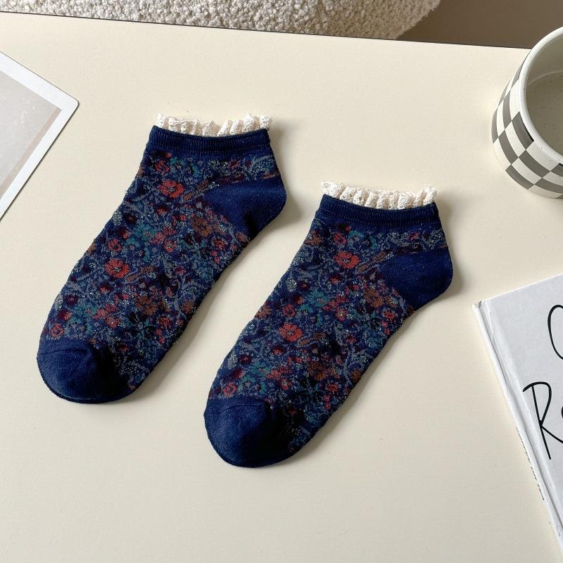 Spring And Summer Socks Japanese Retro Floral Lace Short Tube Women'S Socks Court Style Sweet Women'S Boat Socks Cotton