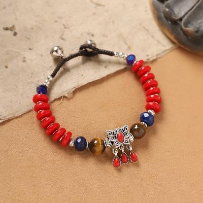 Vintage Exotic Style Woven Bracelet Niche Design Tibetan Red and Blue Hand Rope Tibetan Silver Bracelet Women