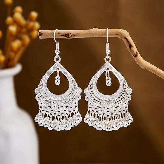 Peacock Tassel Earrings with Hollow Leaf Design in Retro Ethnic Style Imitation Silver for Women