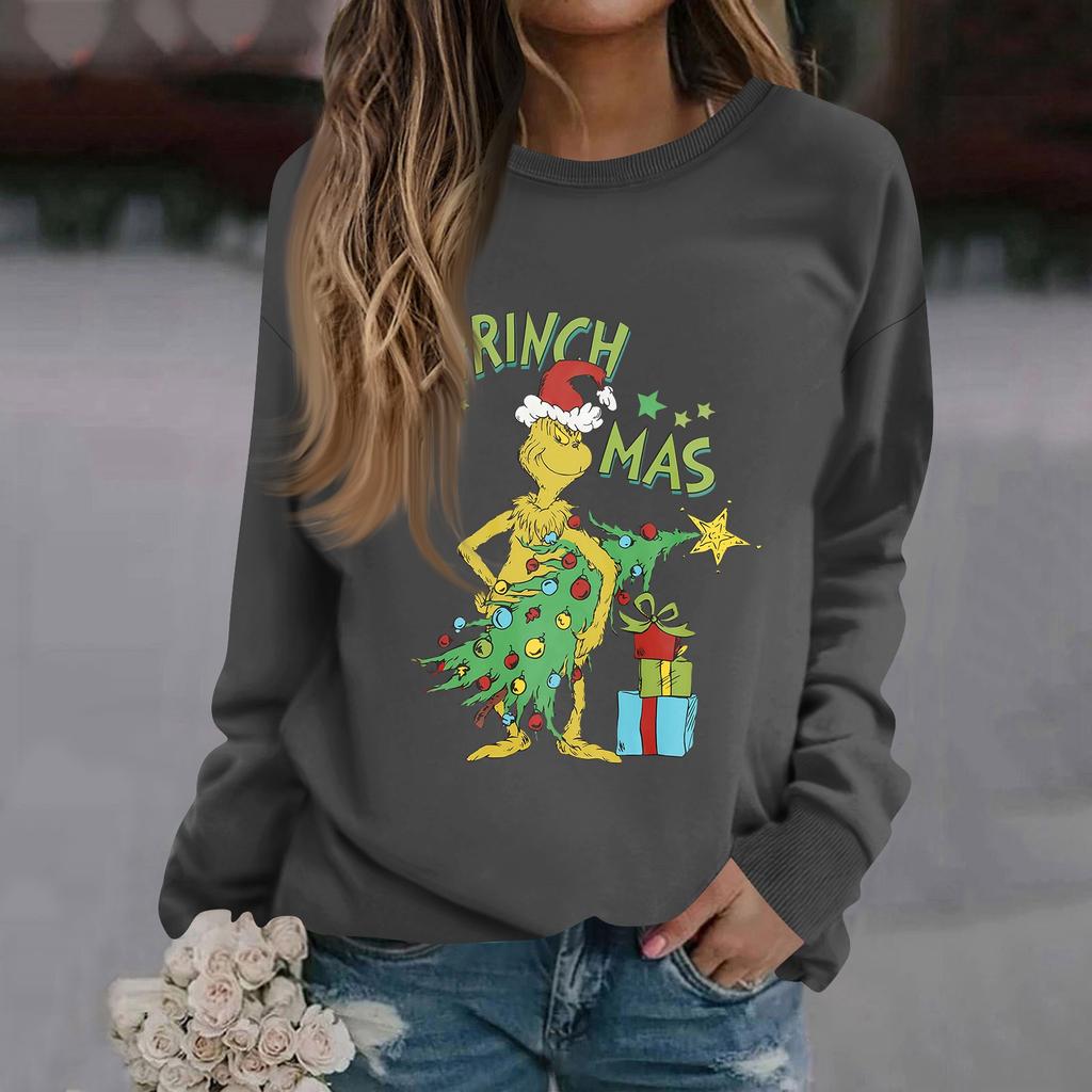 Women's Fashion Casual Long Sleeve Solid Color Christmas Printed Round Neck Top Sweatshirt