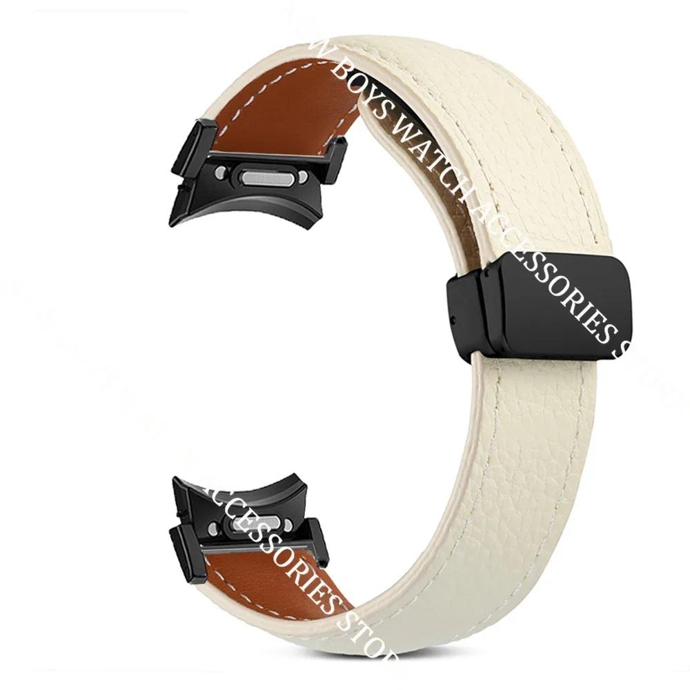 Kožený pásek bez mezer pro Samsung Galaxy Watch 7/6/5 40mm 44mm 6 Classic 47mm 43mm Řemínek Quick Fit Bílý magnetický pásek s D-přezkou
