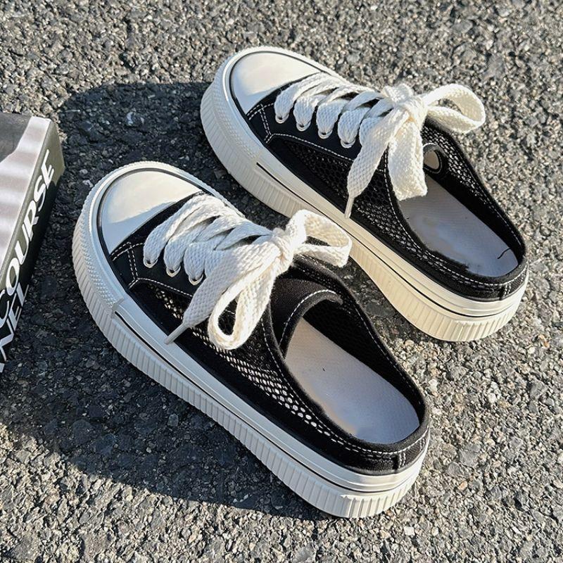 Rund tå tjocka damtofflor och damsandaler andningsbara mesh canvas skor utomhus 2025 trend stilfulla tofflor på rea