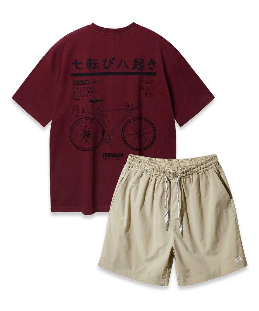 ALVINCLO [Set] Bicycle Oversized Short Sleeve T-Shirt With String Details Woven Shorts Set