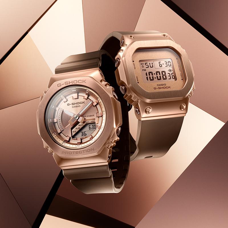 Casio all-metal series - square plate digital display, metal retro classic small square, waterproof and shockproof movement, quartz GM-S5600BR-5PR