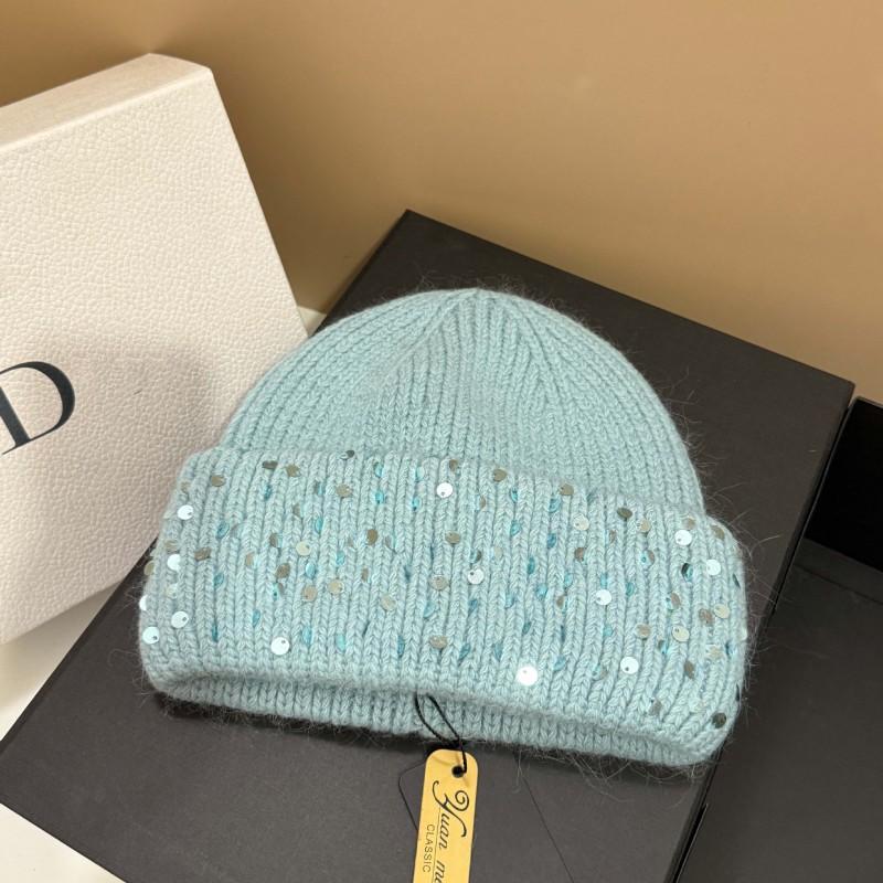 Winter Warm Knit Hat With Rabbit Fur Sequins Ear Flaps Outdoor Use