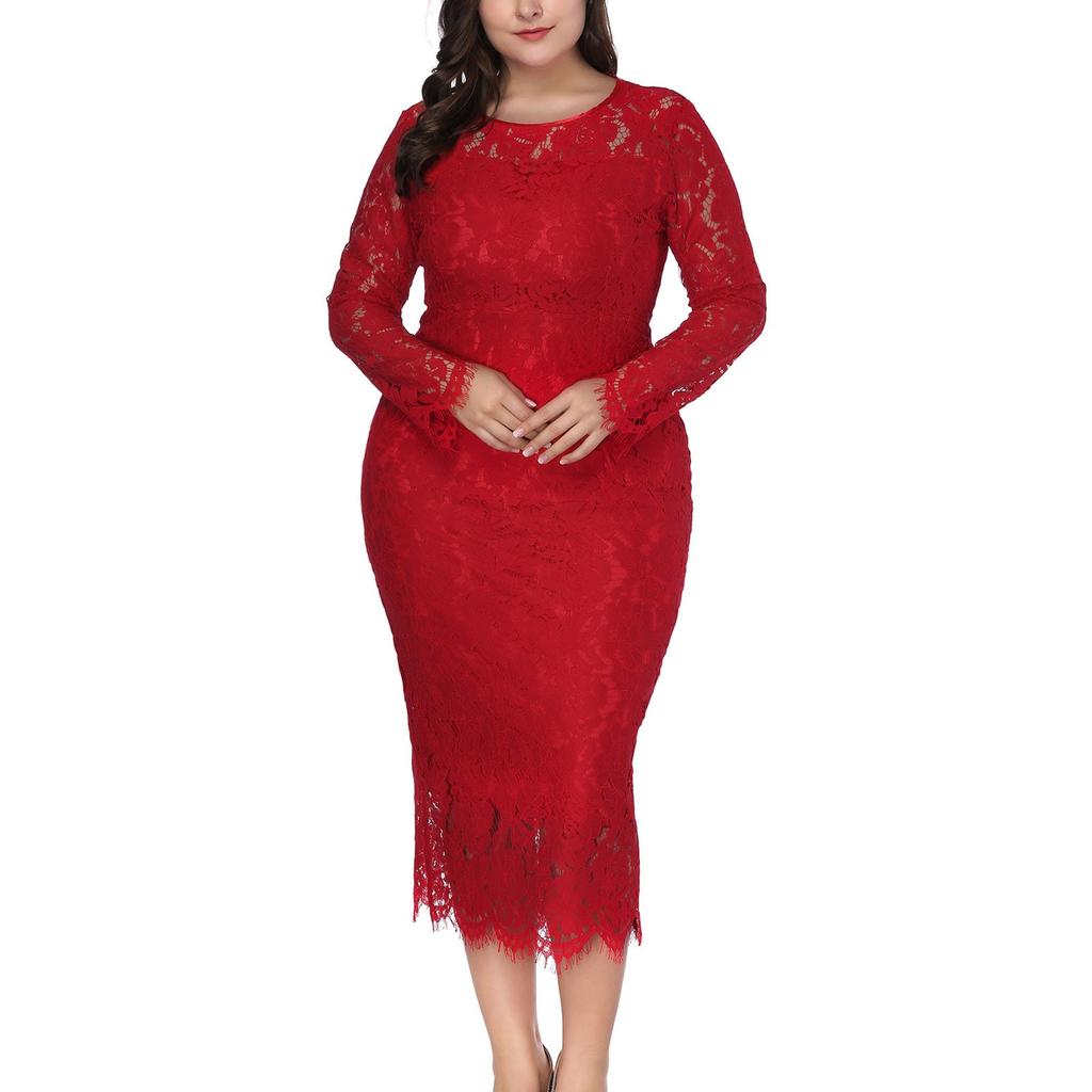Women's Sexy Large Solid Lace Round Neck Evening Dress High Quality Dress