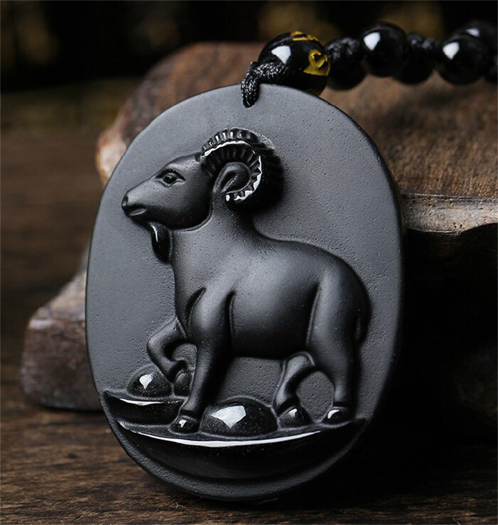 Naturalny Czarny Obsydian Rzeźbiony Chiński Starożytny Dwanaście Zwierząt Zodiaku Szczęśliwy Amulet Wisiorek Koraliki Naszyjnik Modny Prezent Biżuteria