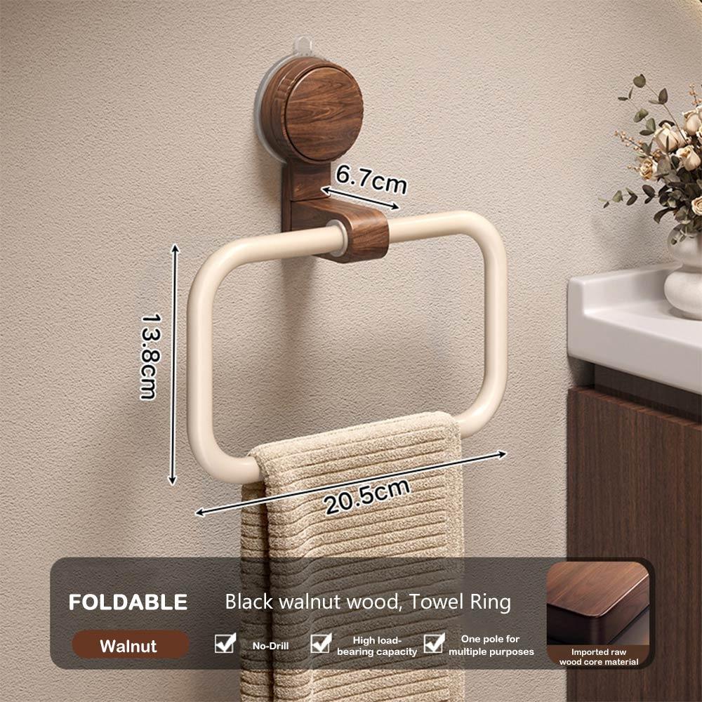 No-Drill Towel Holder Walnut Wood+Aluminium Towel Hanging Rack Suction Cup Towel Ring  Bathroom