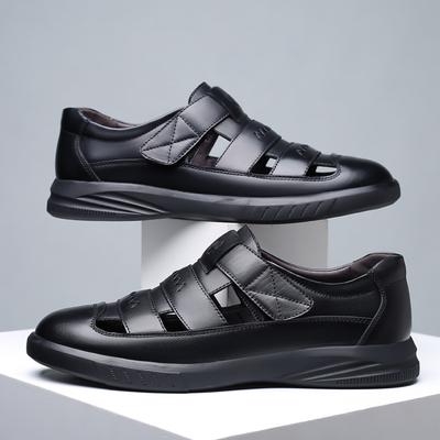 Men's Casual Leather Sandals Men's Korean Version Trend Hole Shoes Summer Men's Shoes Work Shoes Men's Black Velcro Sandals