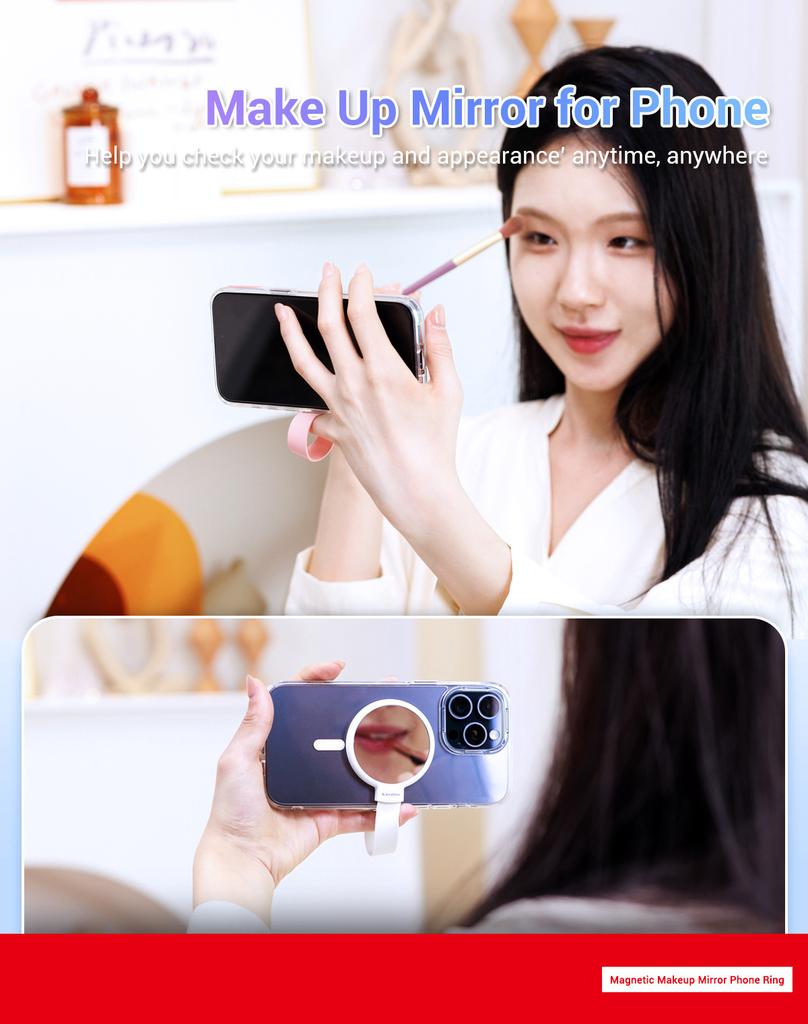 Magnetic Makeup Mirror Phone Ring Holder Selfie Mirror Magsafe with Anti-drop Grip for iPhone 15 14 13 12 for Makeup Vlog Stream