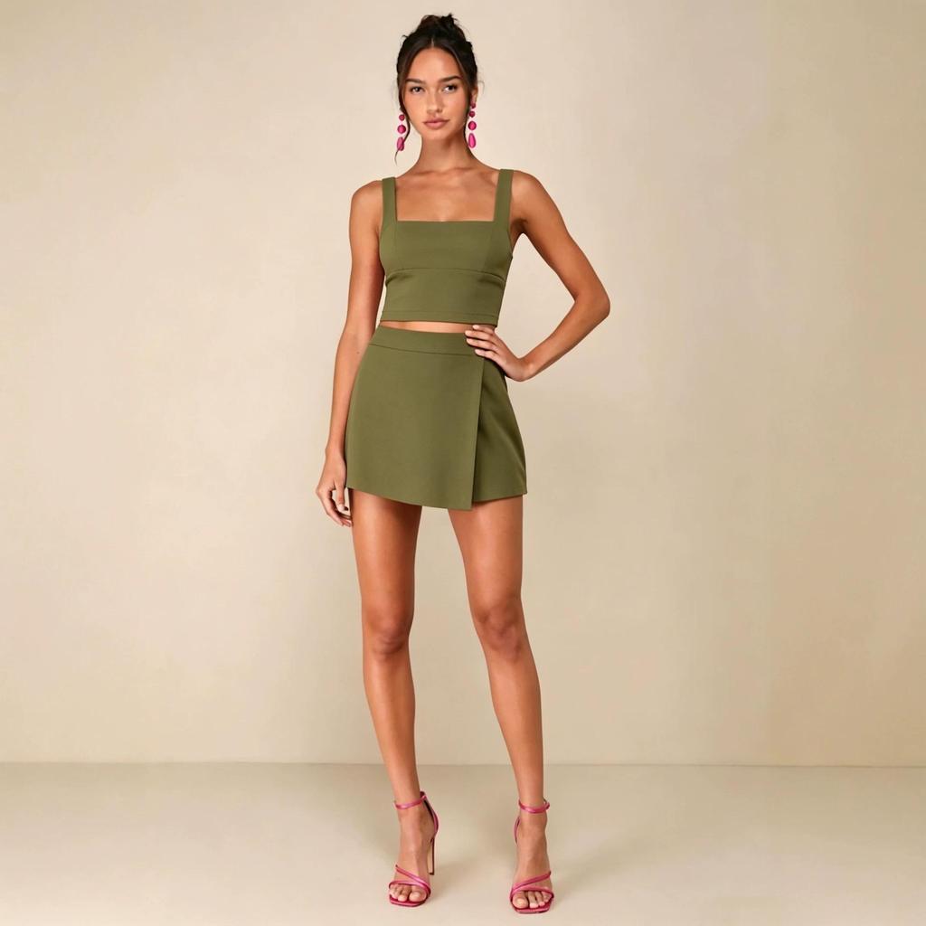 Damen Zweiteiliges Set mit quadratischem Ausschnitt, ärmellos, Crop Top mit Taillenausschnitt, Wickel-Minirock, Mehrfarbig