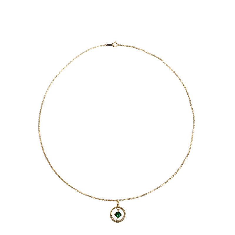 925 Sterling Silver Emerald Crystal Geometric Circle Pendant Clavicle Chain Necklace Women 14k Gold Plating Simple Party Jewelry