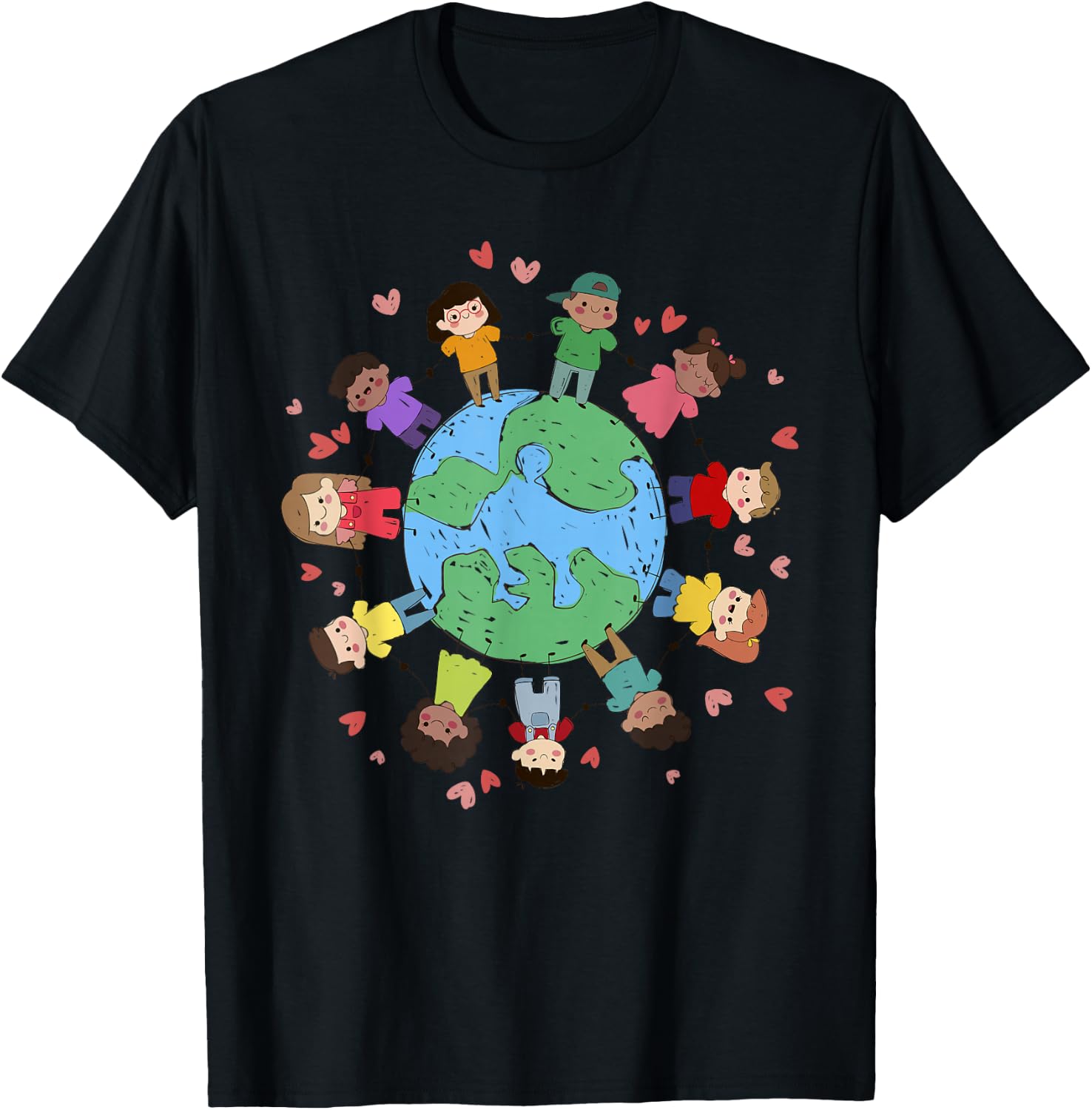Diverse Kids Holding Hands Around Earth T-shirt S
