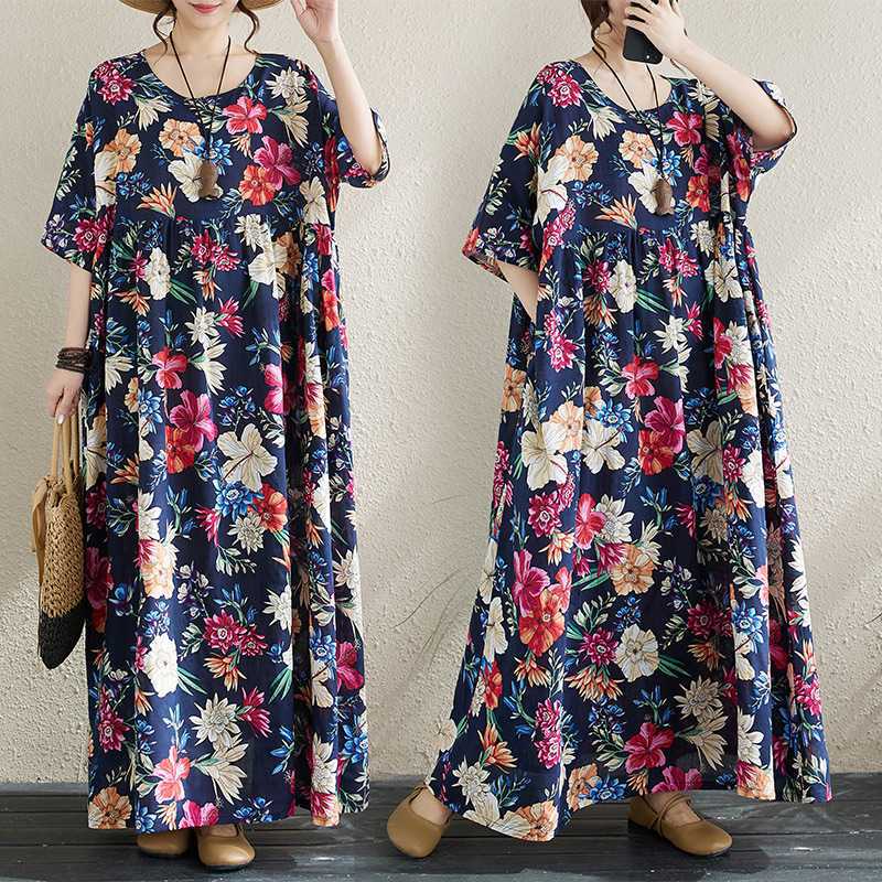 

Простое и Модное Богемное Длинное Платье Лето Новое Полное Плюс Короткий Рукав Круглый Вырез Платье с Принтом One Size