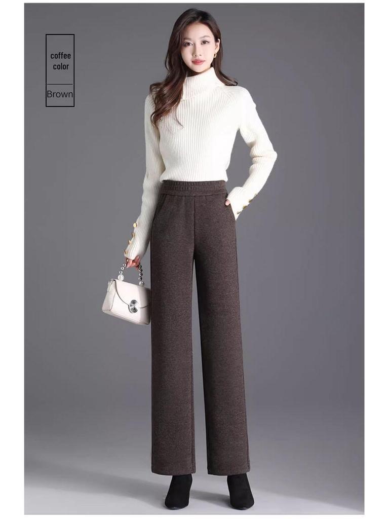 Pantalones de Lana de Cintura Alta con Terciopelo para Mujer Talla Grande - Gruesos, Adelgazantes, Corte Holgado para Otoño e Invierno