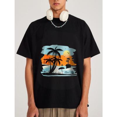 Tropical Beach Scene T Shirt White Palm Tree Sunset Ocean Design Summer Vacation Casual Wear