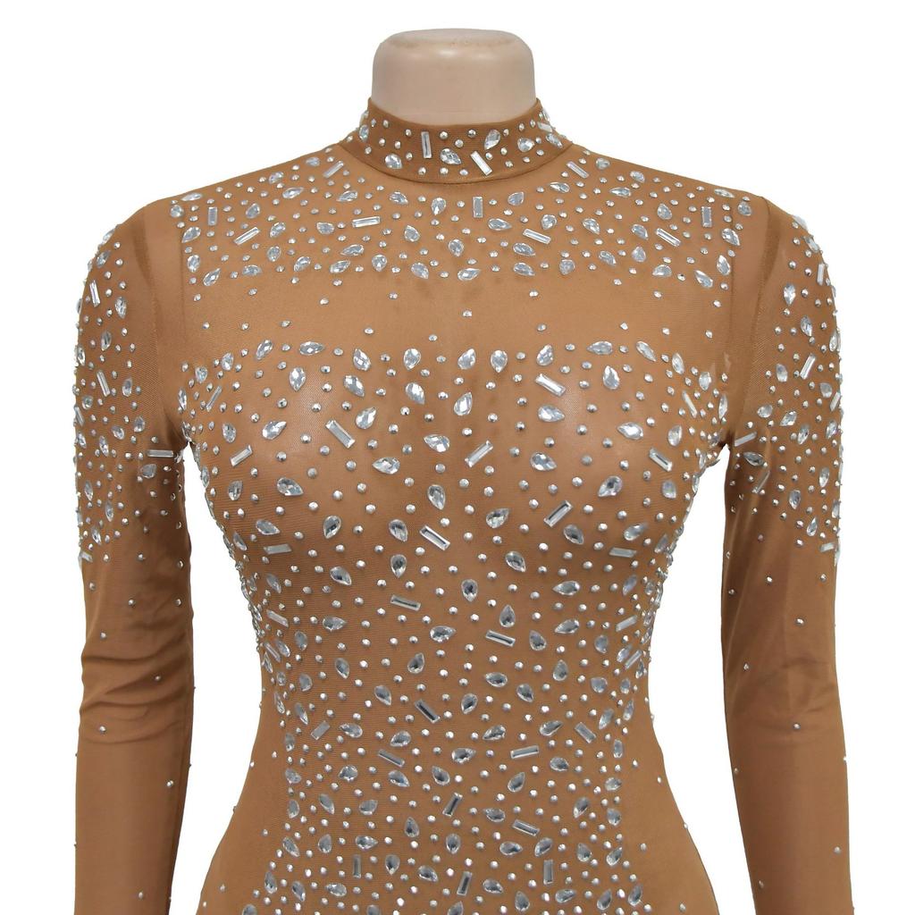 Moda Femei Culoare Solidă Mesh Drill Mâneci lungi Rochii lungi Rochie de seară Rochie de petrecere