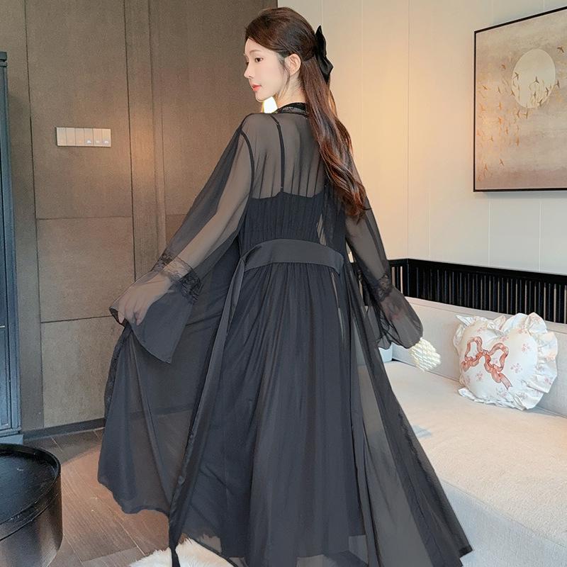 Spring & Autumn Women's Ice Silk Mesh Two-Piece Pajama Set - French-Style Sexy Nightdress
