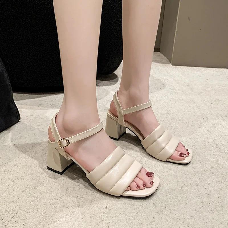 Fashion Outside Solid Med Heel Sandals for Women 2024 New Hot Sale Summer Fashion Ladies Shoes Square Heel Rubber Pu Women's Sandals
