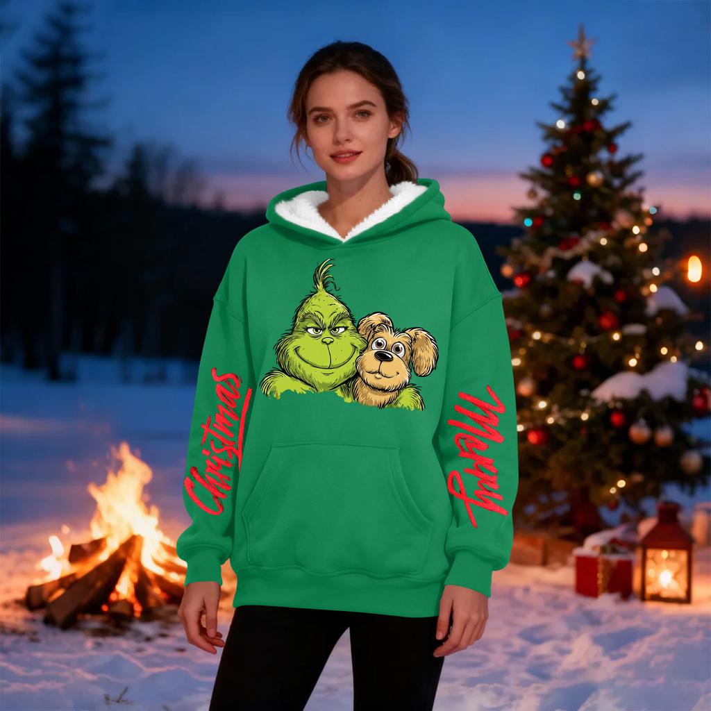 Women's Casual Fashion Plus Velvet Thickened Christmas Print Hooded Sweatshirt